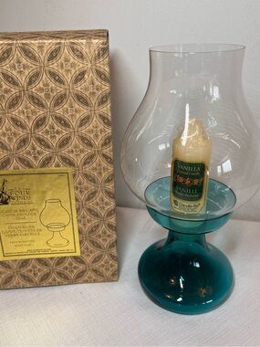 Teal Glass Hurricane Lantern Lamp with Clear Chimney - Four Winds. Box included